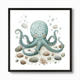 Storybook Style Octopus With Rocks 1 Art Print