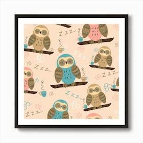 Seamless Pattern Owls Dream Cute Style Pajama Fabric Art Print