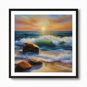 The sea. Beach waves. Beach sand and rocks. Sunset over the sea. Oil on canvas artwork.8 Art Print