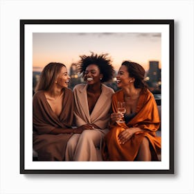 Three Friends Laughing At Sunset Art Print