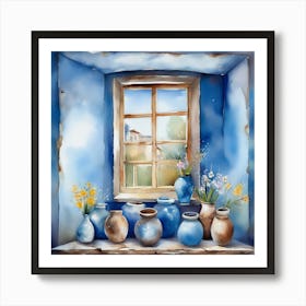 Blue wall. Open window. From inside an old-style room. Silver in the middle. There are several small pottery jars next to the window. There are flowers in the jars Spring oil colors. Wall painting.40 Art Print