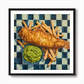 Fish Chips & Mushy Peas Black Checkerboard 2 Art Print