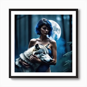 Wolf And Woman In The Forest Art Print