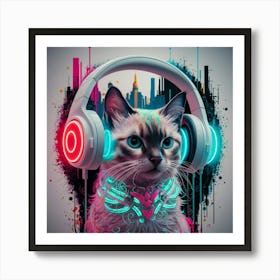 Cat With Headphones Art Print