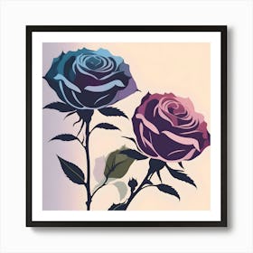 Two Roses, Purple and Dark Blue on Light Background Art Print