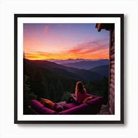 Woman Savoring The Majesty Of A Sunset From Her Isolated Mountain Porch Sun Blending Into The Horiz 2 Art Print