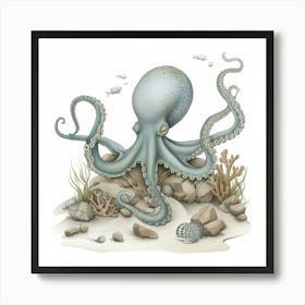Sleepy Storybook Style Octopus On The Rocks 1 Art Print