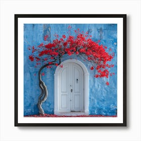 Red Tree In Front Of Blue House Art Print