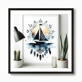 Boho art Silhouette of Sailboat Art Print