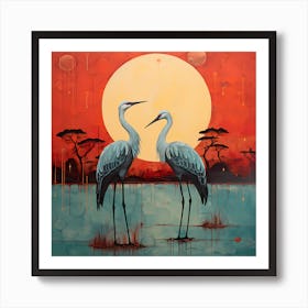 Crimson Canvas: Graceful Cranes Amidst Turquoise Waves Art Print