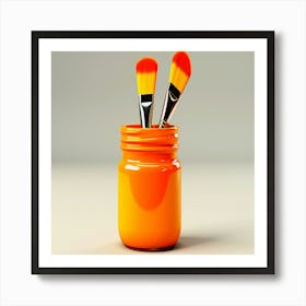 Makeup Must-Have: Close-Up of Beauty Jar, Brush & Colors , Orange Paint Brushes In A Jar Art Print