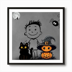 Halloween Boy And Cat Art Print