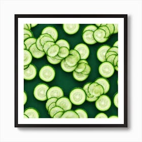 Cucumber Slices On Green Background Art Print