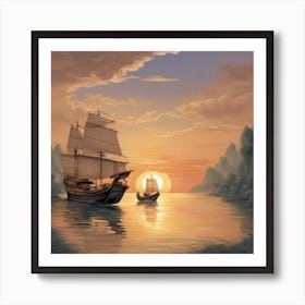 An Intricately Designed And Visually Stunning Illustration Of A Traditional Chinese Junk Boat Sailin (4) Art Print