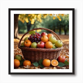 A Wicker Basket Filled With An Abundance Of Ripe Fruits Like Apples, Oranges And Grapes Arranged Neatly On The Ground Surrounded By Leaves 1 Art Print