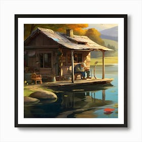 Old man fishing on the Lake Art Print