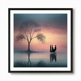 Silhouette Of A Couple In A Wheelchair Art Print