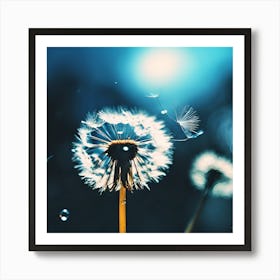 Floating White Dandelion Seeds and Water Droplets against Blue Art Print