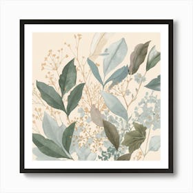 A Illustration Of Leaves And Delicate Flowers In (1) Art Print