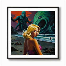 Retro Pop Art Beach with Cthulhu Art Print