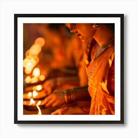 Women Lighting Diyas 2 Art Print