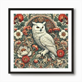 william morris white owl with flowers Art Print