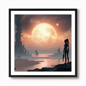 Woman Looking At The Moon Art Print