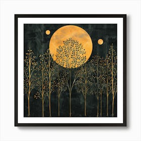 William Morris Inspired Vintage Yellow Moon Night Forest Art Print