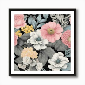 Black And White Floral Wallpaper Art Print