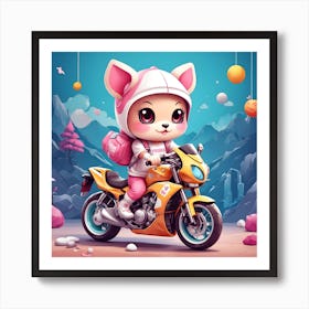 Kawaii Kitty On A Motorcycle Art Print