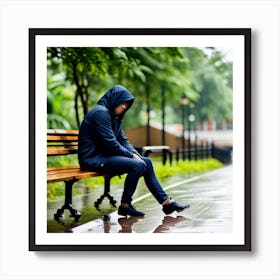 Man Sitting On Bench In Rain looks sad Art Print