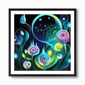 Abstract oil painting: Water flowers in a night garden 7 Art Print