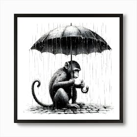 Monkey Holding An Umbrella In The Rain, Ink Drawing Art Print