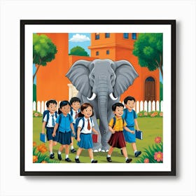 Elephant Protects Children Art Print