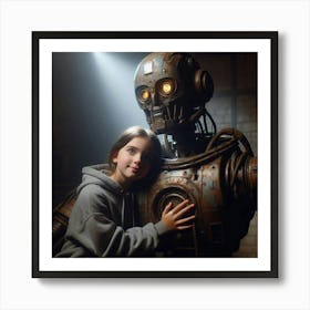 Girl Hugging A Robot Art Print