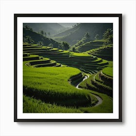 A Tranquil Rice Terrace In Southeast Asia With Lush Green Paddies And A Blue Sky Art Print