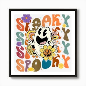 Halloween Groovy Spooky Vibes Ghost Floral Hippie Vintage Art Print