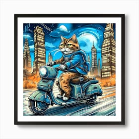 A cat riding a rocket motorcycle through a city, with the skyscrapers and traffic lights reminiscent of Van Gogh's paintings of Paris. Art Print