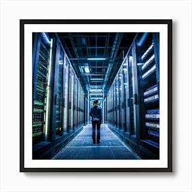 A Large Telecom Datacenter Interior Framed By Numerous Towering Server Racks No Human Presence The (1) Art Print