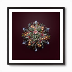Vintage Chinese Quince Flower Wreath on Wine Red Art Print