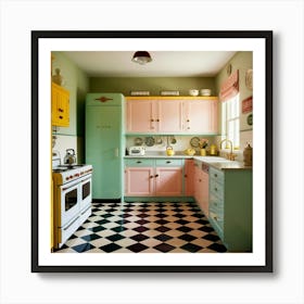 A retro-style kitchen with pastel colors with checkered flooring. Art Print