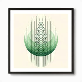 Title: "Verdant Growth"  Description: "Verdant Growth" elegantly encapsulates the essence of nature’s resilience and the flourishing of life. A single wheat stalk rises, enveloped by a sphere of gradient greens, symbolizing sustainability and growth. This piece combines geometric shapes with organic elements, perfect for spaces that celebrate eco-consciousness and the beauty of the natural world. It's a serene yet powerful reminder of life's vitality and our connection to the earth. Art Print