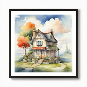 A Little House In The Village Cartoon Watercolor Dra 0 Art Print