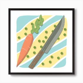 Carrot Knife And Peas, cooking, food, kitchen, illustration, wall art Art Print