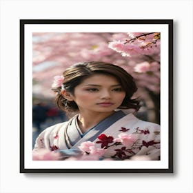 Asian Woman In Cherry Blossoms Art Print