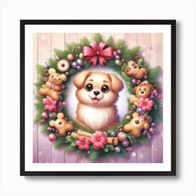 Cute Dog In A Christmas Wreath Frame Art Print