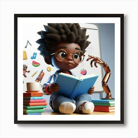 African American 6 years reading book 3D ART 5 Art Print