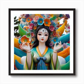 A colourful An image of the artistic interpretation of the statue of Chinese princess zhao liyi in the dynamic pose, adding a touch of fantasy or whimsy Art Print