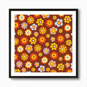 Hippie Retro Flowers Brown Art Print