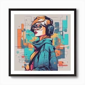 Girl With Headphones Art Print